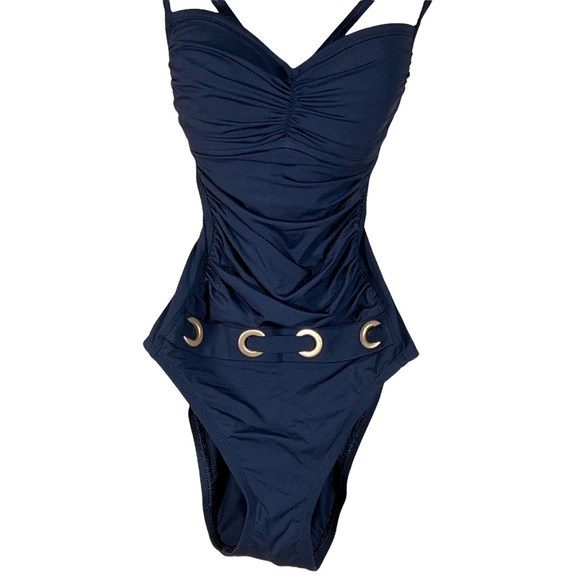 Bleu Rod Beattie One Piece Black Swimsuit with Ruching & Gold Tone Accen… - Picture 2 of 13